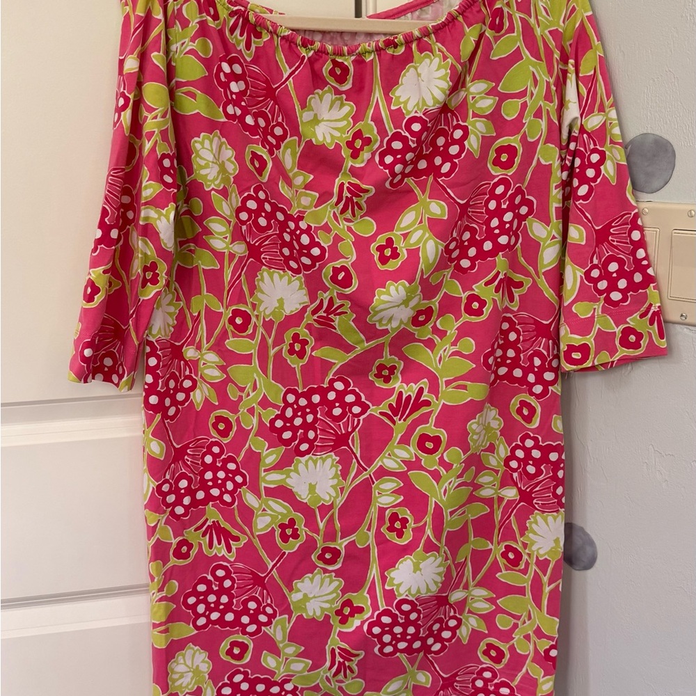 Lilly Pulitzer Pink, Green & White Floral Off-Shoulder Midi Dress